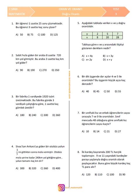 7 sınıf doğru orantı test pdf